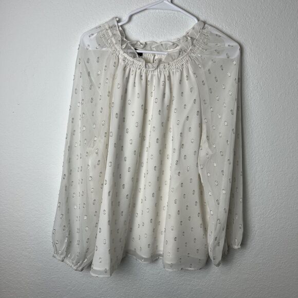 Talbots Blouse Womens XL Petite Ivory White Metallic Dot Ruffle Neck Lined Sheer - Picture 1 of 7